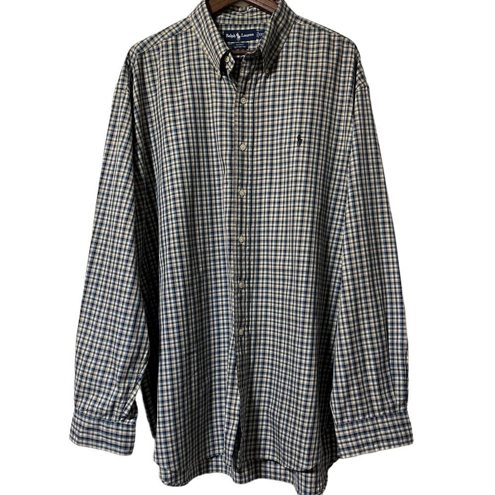 Men's Ralph Lauren Classic Button Down Shirt Size XXL Tan Black Blue Plaid